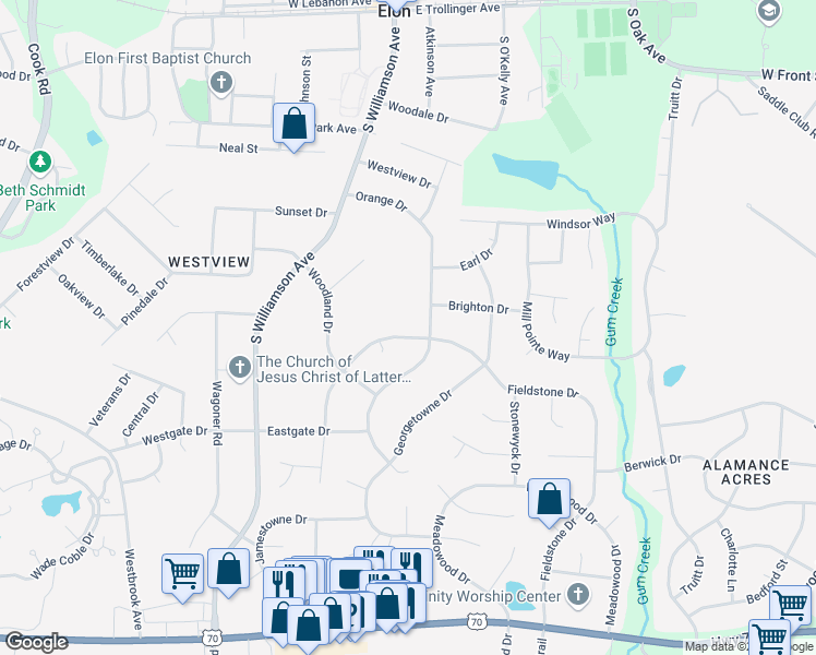 map of restaurants, bars, coffee shops, grocery stores, and more near 104 Trinity Drive in Elon