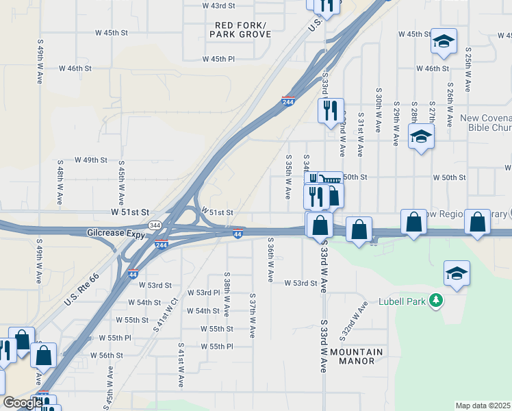 map of restaurants, bars, coffee shops, grocery stores, and more near 3615 West 51st Street in Tulsa