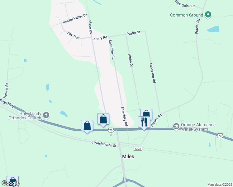 map of restaurants, bars, coffee shops, grocery stores, and more near 307 Shambley Road in Mebane