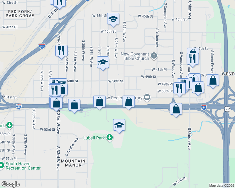 map of restaurants, bars, coffee shops, grocery stores, and more near 2503 West 51st Street in Tulsa