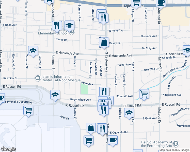 map of restaurants, bars, coffee shops, grocery stores, and more near 5473 Clydesdale Street in Las Vegas