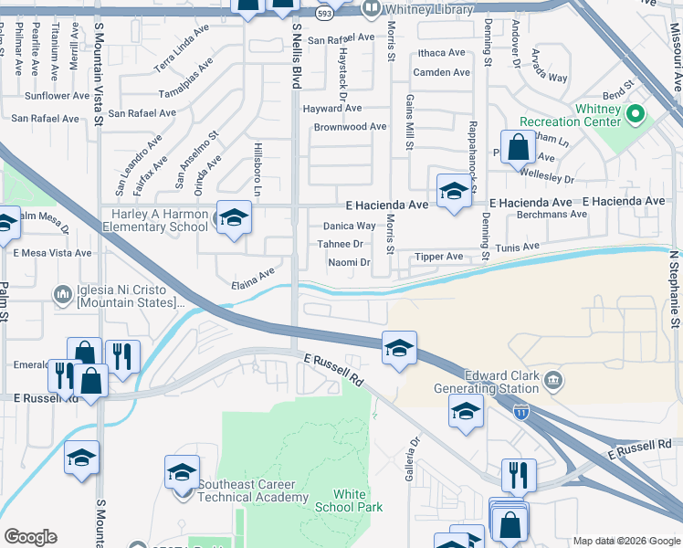 map of restaurants, bars, coffee shops, grocery stores, and more near 5453 Yvonne Cir in Las Vegas