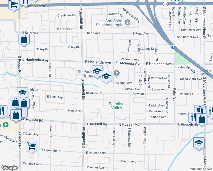 map of restaurants, bars, coffee shops, grocery stores, and more near 5445 Annie Oakley Drive in Las Vegas