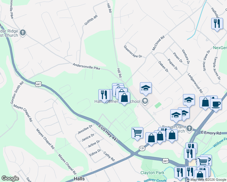 map of restaurants, bars, coffee shops, grocery stores, and more near 7600 Jewel Way in Knoxville