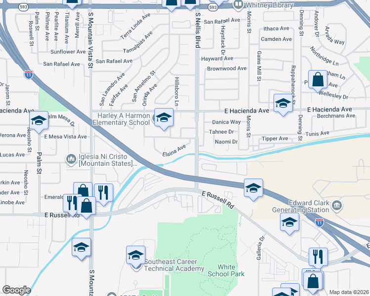 map of restaurants, bars, coffee shops, grocery stores, and more near 4925 Elaina Avenue in Las Vegas