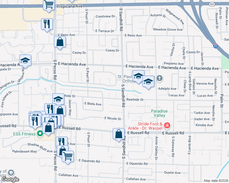 map of restaurants, bars, coffee shops, grocery stores, and more near 5470 Shodall Circle in Las Vegas
