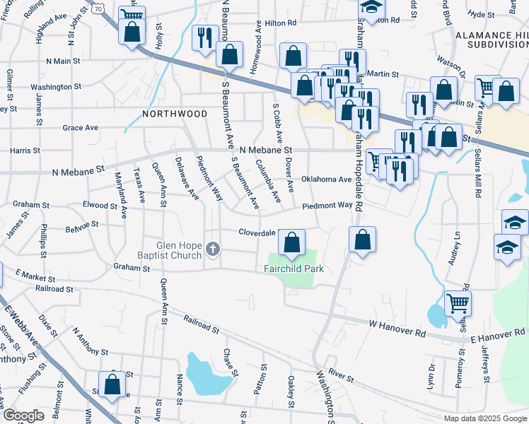 map of restaurants, bars, coffee shops, grocery stores, and more near 724 South Beaumont Avenue in Burlington