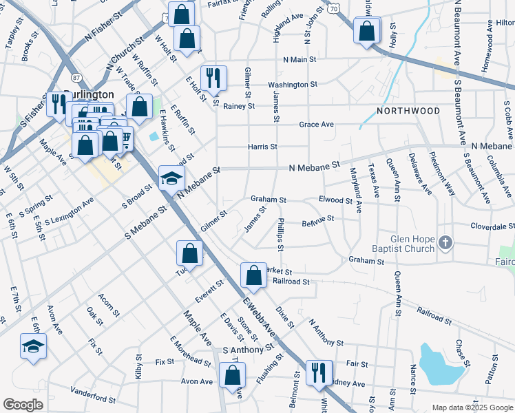 map of restaurants, bars, coffee shops, grocery stores, and more near 611 James Street in Burlington