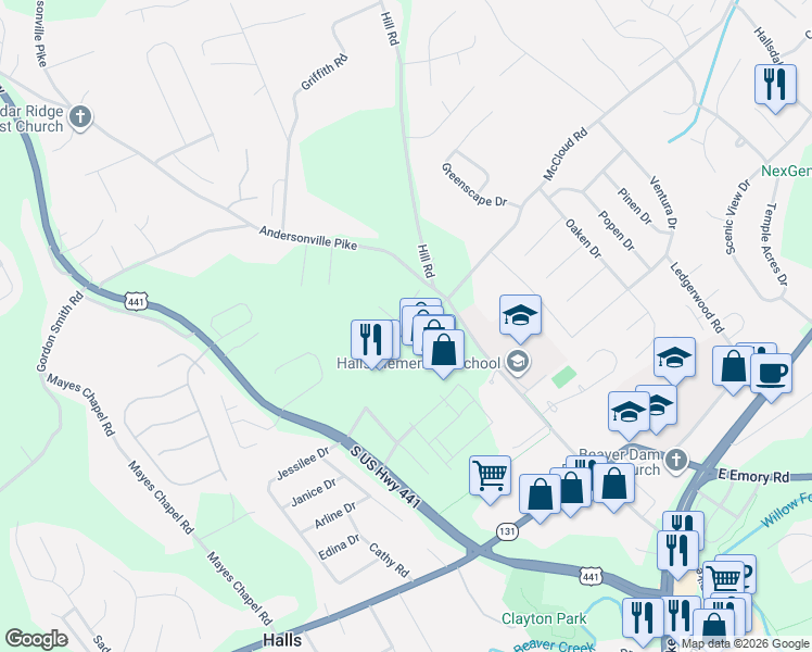 map of restaurants, bars, coffee shops, grocery stores, and more near 7600 Jewel Way in Knoxville