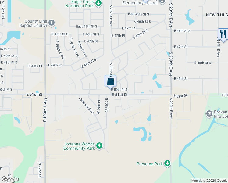 map of restaurants, bars, coffee shops, grocery stores, and more near 20214 East 50th Place South in Broken Arrow