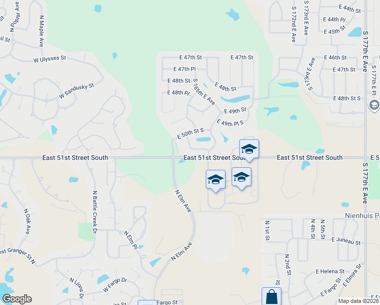 map of restaurants, bars, coffee shops, grocery stores, and more near 5026 South 164th East Avenue in Tulsa