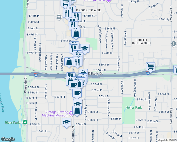 map of restaurants, bars, coffee shops, grocery stores, and more near 1347 East Skelly Drive in Tulsa