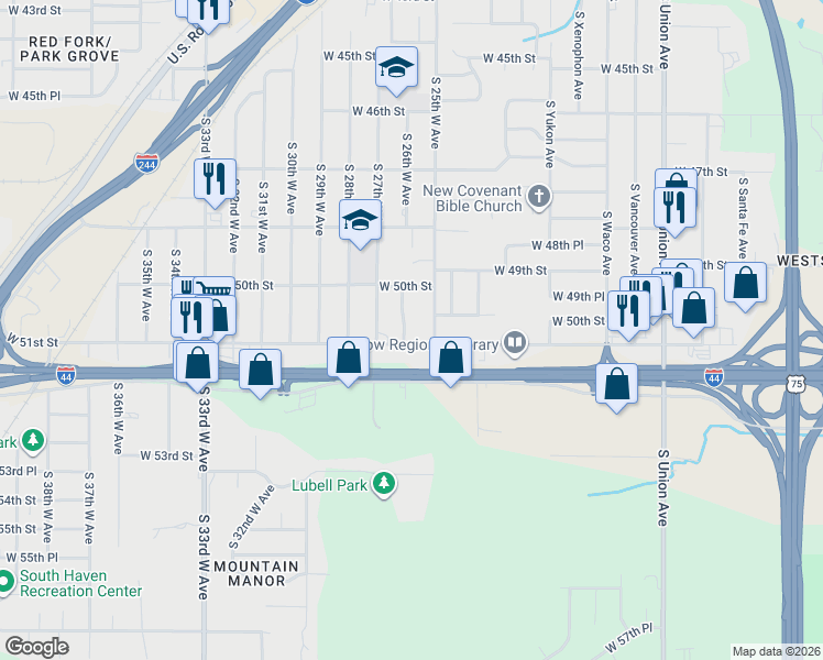 map of restaurants, bars, coffee shops, grocery stores, and more near 2503 West 51st Street in Tulsa