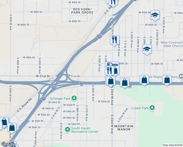 map of restaurants, bars, coffee shops, grocery stores, and more near 3615 West 51st Street in Tulsa