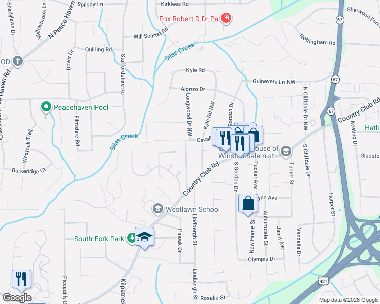 map of restaurants, bars, coffee shops, grocery stores, and more near 274 Hollin Way in Winston-Salem