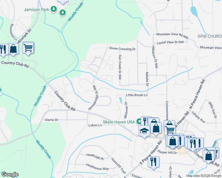 map of restaurants, bars, coffee shops, grocery stores, and more near 539 Rock Cliff Court in Winston-Salem