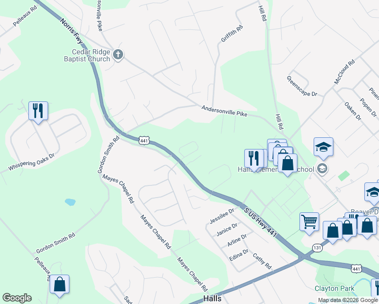 map of restaurants, bars, coffee shops, grocery stores, and more near 3954 Archibald Way in Knoxville