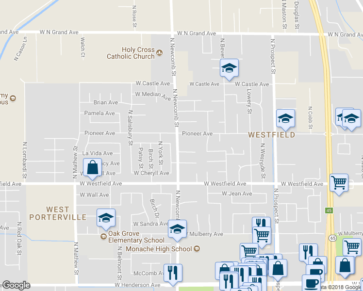 map of restaurants, bars, coffee shops, grocery stores, and more near 1354 North Newcomb Street in Porterville
