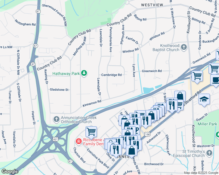 map of restaurants, bars, coffee shops, grocery stores, and more near 471 Pennsylvania Avenue in Winston-Salem