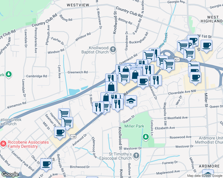 map of restaurants, bars, coffee shops, grocery stores, and more near 380 Knollwood Street in Winston-Salem