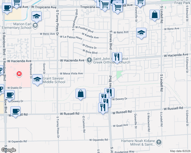 map of restaurants, bars, coffee shops, grocery stores, and more near 5424 Castle Vista Court in Las Vegas