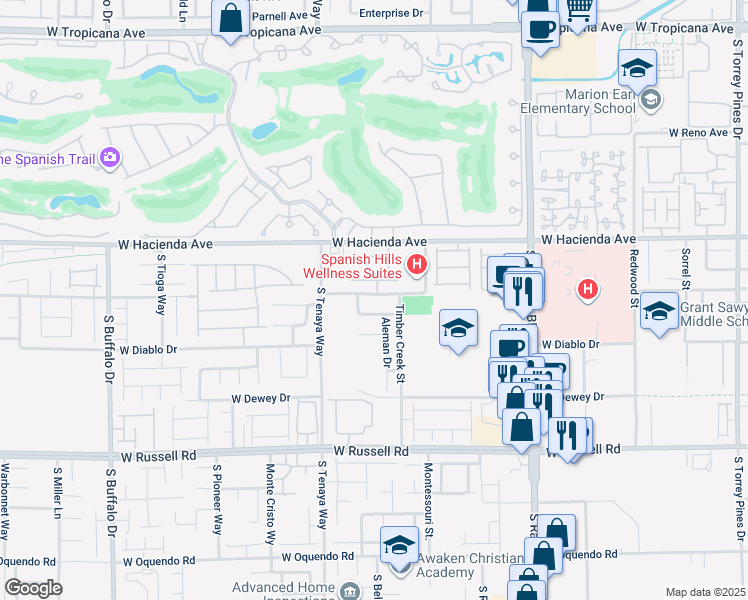 map of restaurants, bars, coffee shops, grocery stores, and more near 7236 Winding Creek Drive in Las Vegas