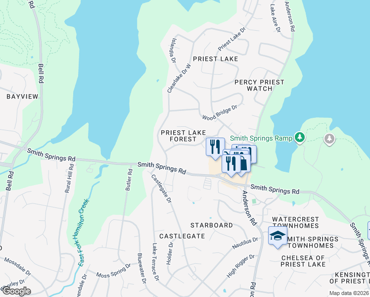 map of restaurants, bars, coffee shops, grocery stores, and more near 2828 Lake Forest Drive in Nashville