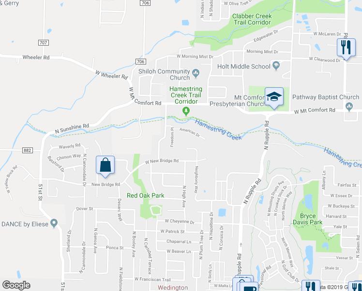 map of restaurants, bars, coffee shops, grocery stores, and more near 2061 North Purva Place in Fayetteville
