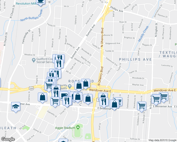map of restaurants, bars, coffee shops, grocery stores, and more near 1222 Westside Drive in Greensboro