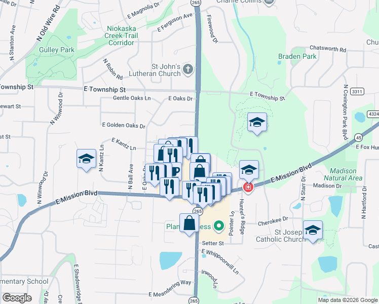 map of restaurants, bars, coffee shops, grocery stores, and more near 2091 North Crossover Road in Fayetteville