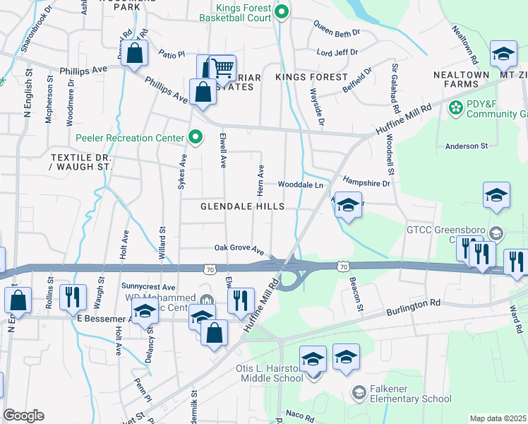 map of restaurants, bars, coffee shops, grocery stores, and more near 4004 Peterson Avenue in Greensboro