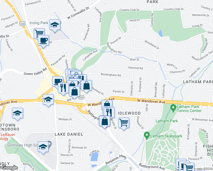 map of restaurants, bars, coffee shops, grocery stores, and more near 1201 West Northwood Street in Greensboro