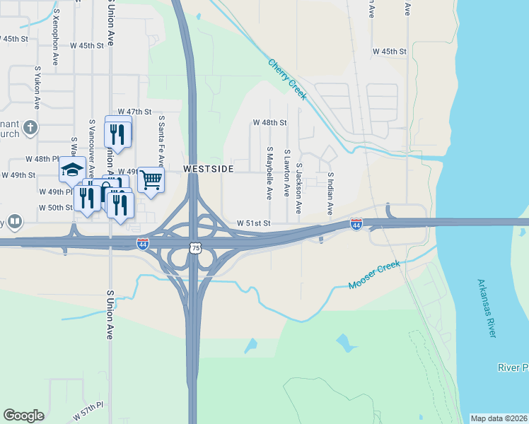 map of restaurants, bars, coffee shops, grocery stores, and more near in Tulsa