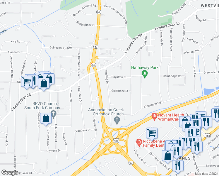 map of restaurants, bars, coffee shops, grocery stores, and more near 255 Keating Drive in Winston-Salem