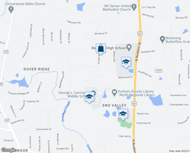 map of restaurants, bars, coffee shops, grocery stores, and more near 418 Vivaldi Drive in Durham