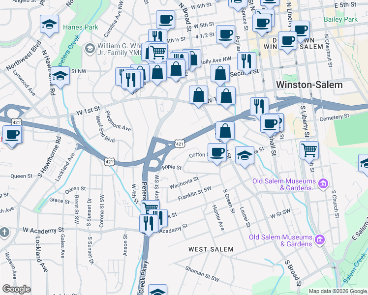 map of restaurants, bars, coffee shops, grocery stores, and more near 857 Salem Pointe Lane in Winston-Salem