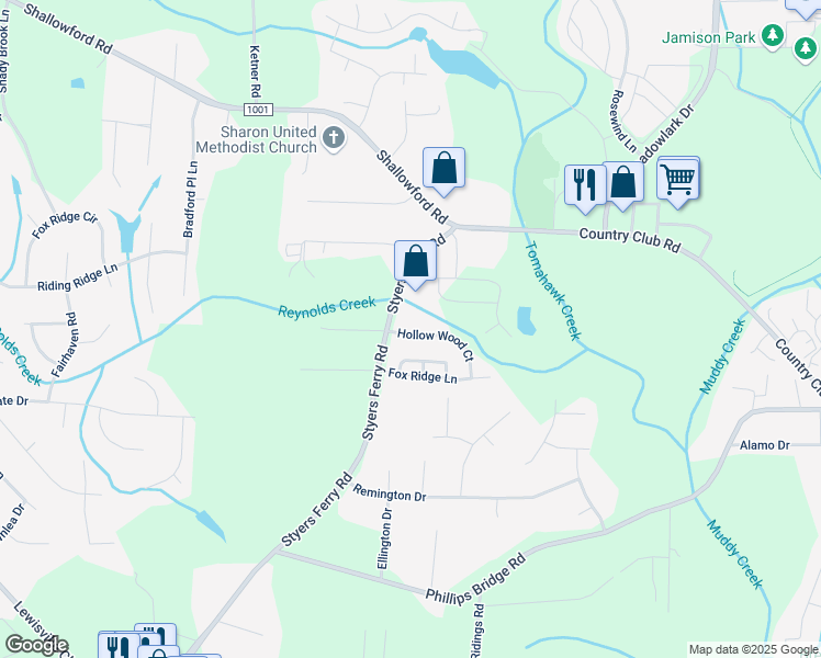 map of restaurants, bars, coffee shops, grocery stores, and more near 5985 Hollow Wood Court in Winston-Salem