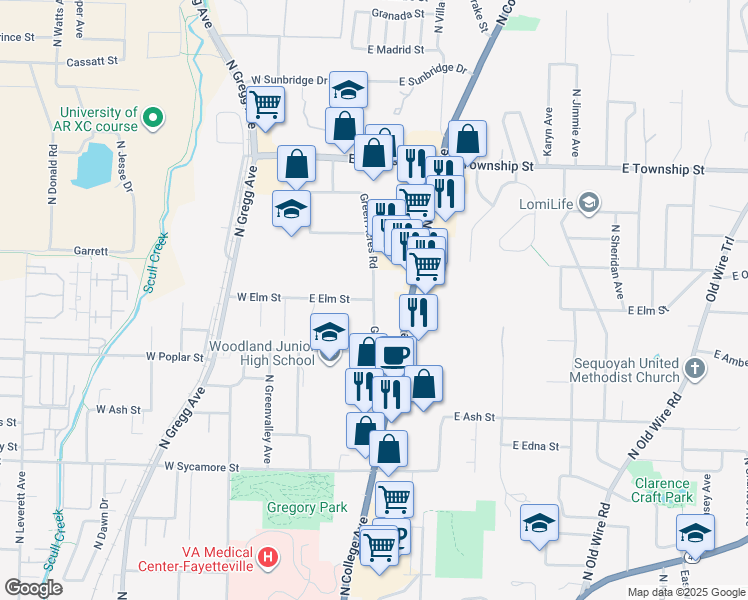 map of restaurants, bars, coffee shops, grocery stores, and more near Green Acres Road in Fayetteville