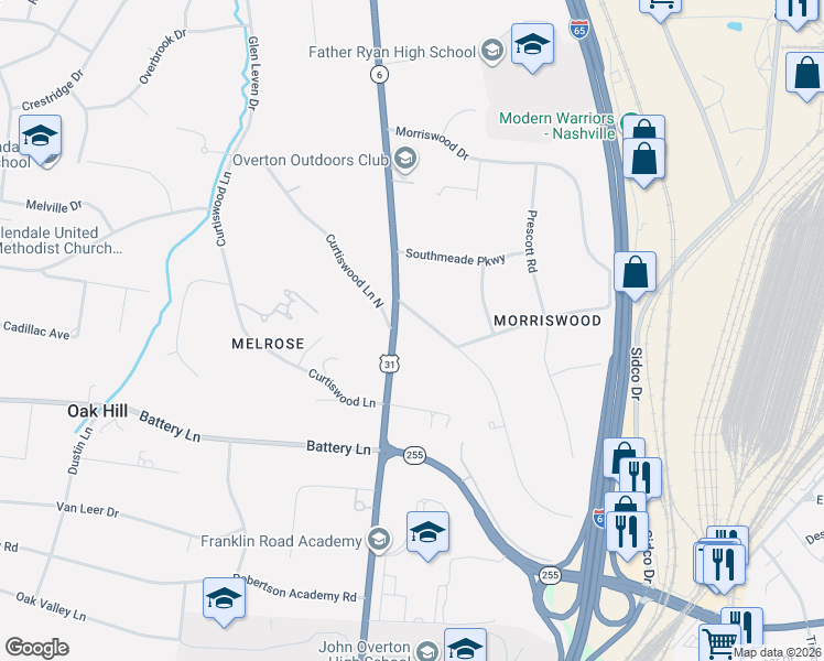 map of restaurants, bars, coffee shops, grocery stores, and more near 4400 Franklin Pike in Nashville