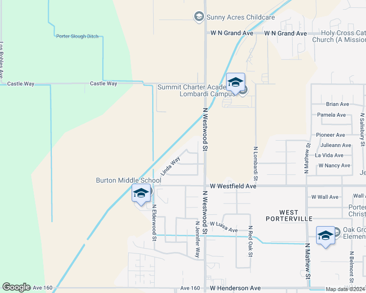 map of restaurants, bars, coffee shops, grocery stores, and more near 1389 Linda Way in Porterville