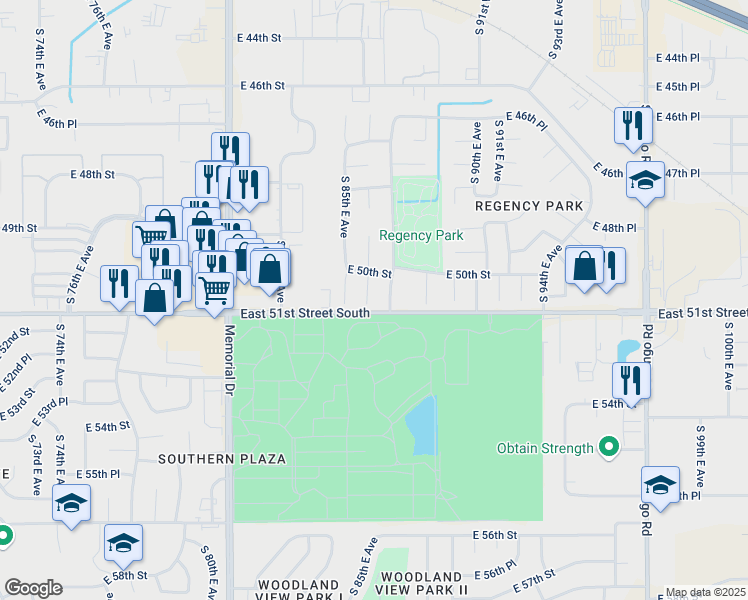 map of restaurants, bars, coffee shops, grocery stores, and more near 5040 South 87th East Avenue South in Tulsa