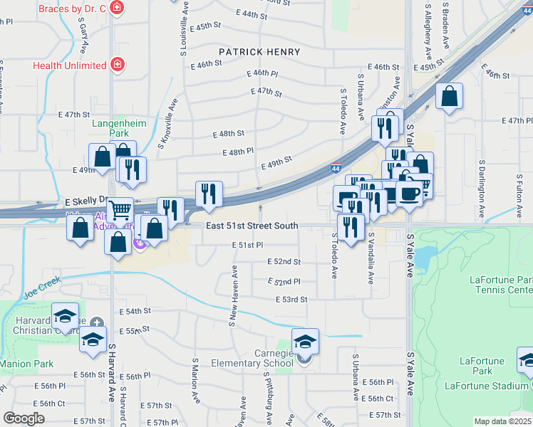 map of restaurants, bars, coffee shops, grocery stores, and more near 4109 East 51st Street in Tulsa