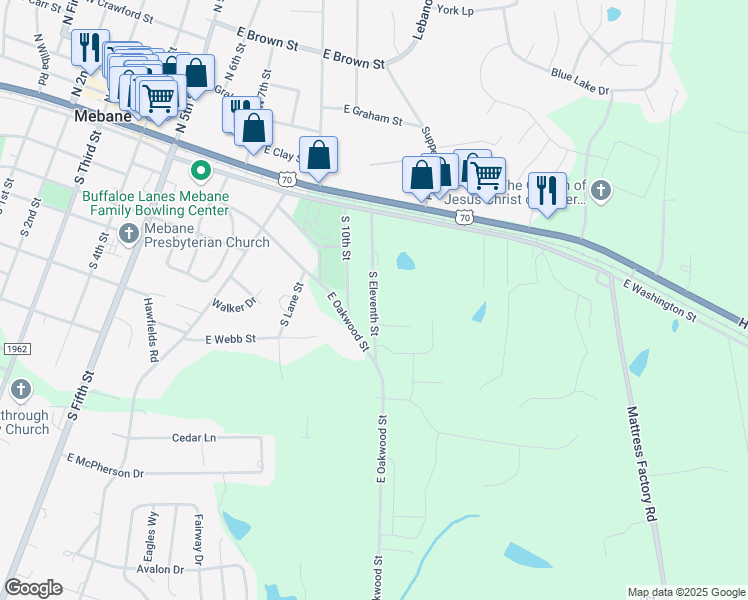 map of restaurants, bars, coffee shops, grocery stores, and more near 201 South 11th Street in Mebane