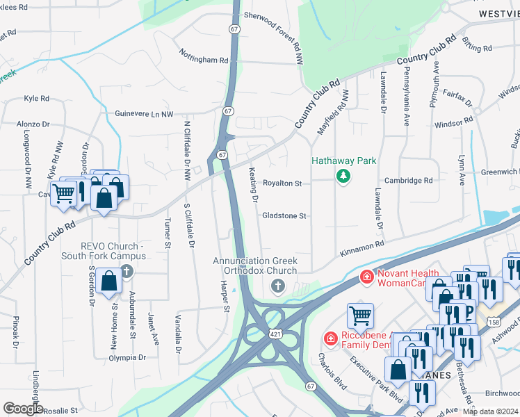 map of restaurants, bars, coffee shops, grocery stores, and more near 255 Keating Drive in Winston-Salem