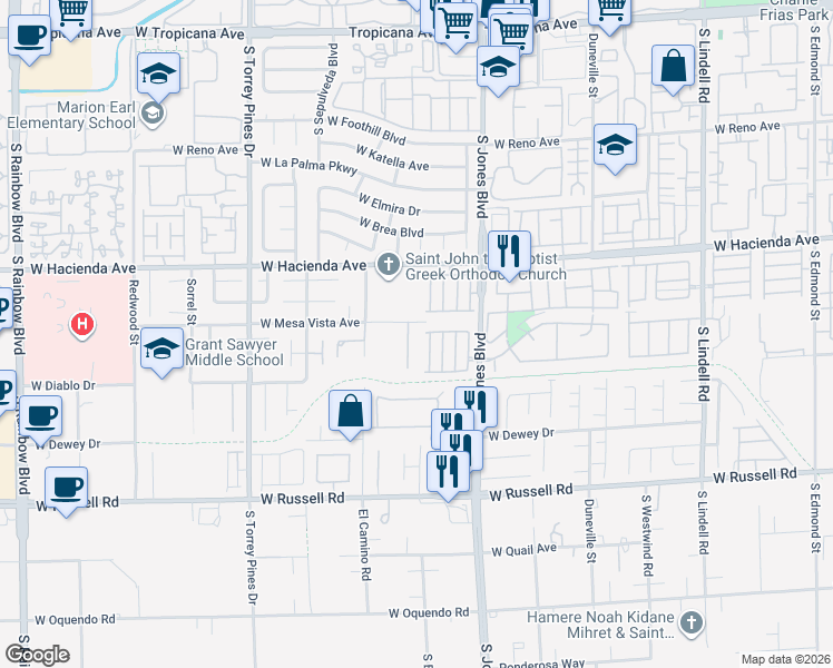 map of restaurants, bars, coffee shops, grocery stores, and more near 5473 South Jones Boulevard in Las Vegas