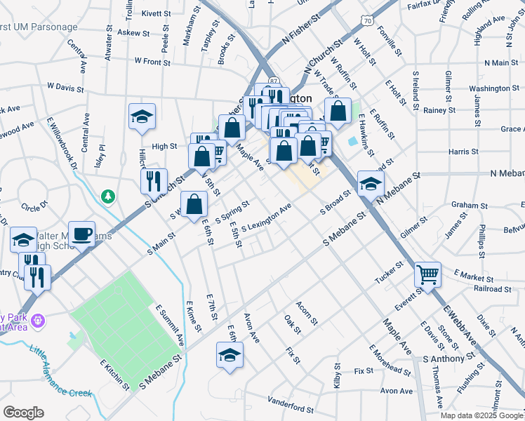 map of restaurants, bars, coffee shops, grocery stores, and more near 607 South Lexington Avenue in Burlington