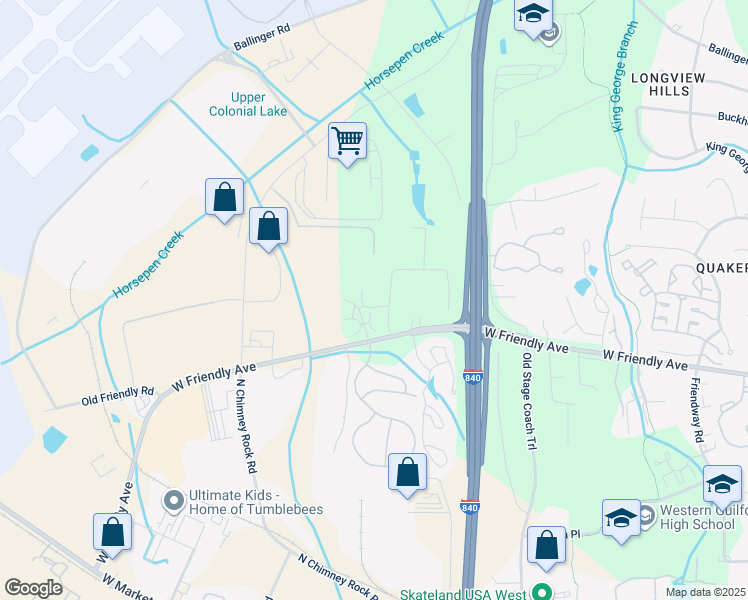 map of restaurants, bars, coffee shops, grocery stores, and more near 7106 West Friendly Avenue in Greensboro