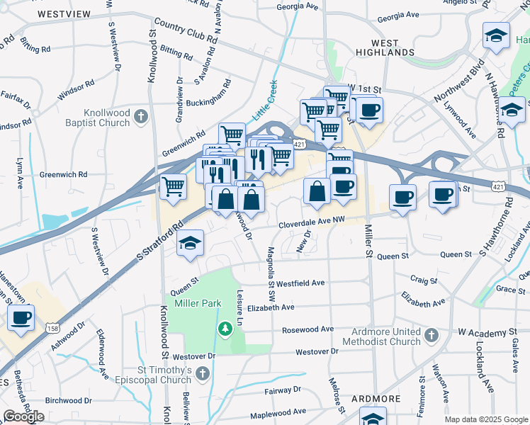 map of restaurants, bars, coffee shops, grocery stores, and more near 2319 Cloverdale Avenue Northwest in Winston-Salem