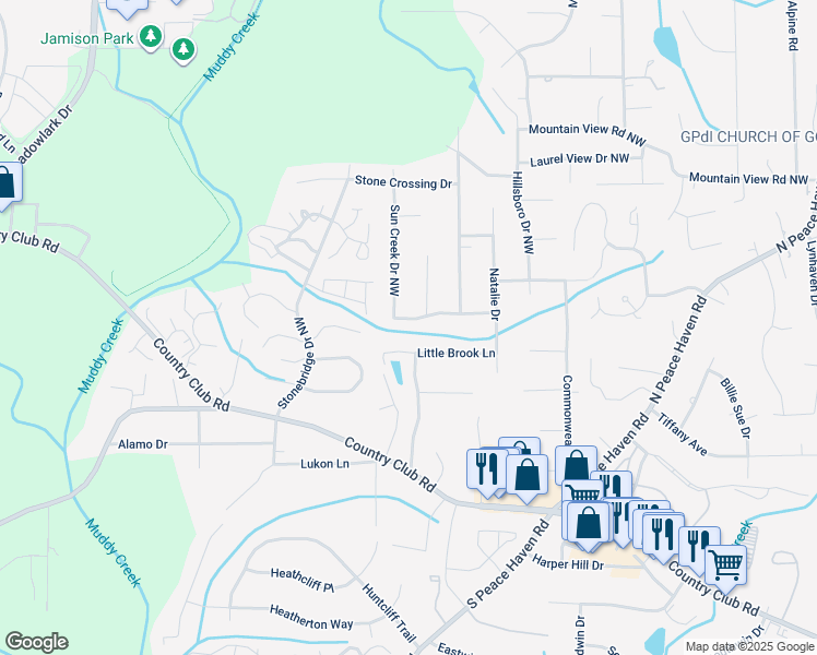 map of restaurants, bars, coffee shops, grocery stores, and more near 5228 Clearview Drive Northwest in Winston Salem