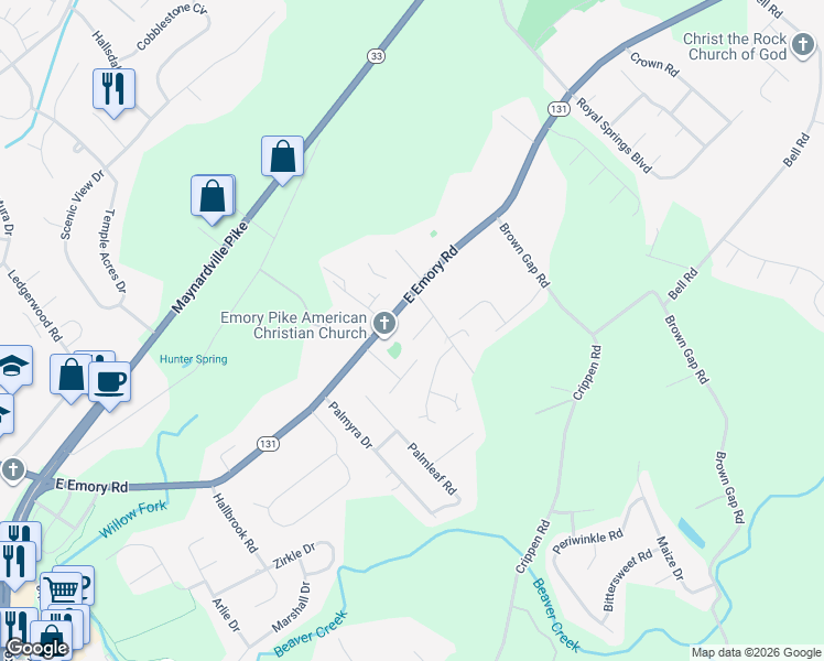 map of restaurants, bars, coffee shops, grocery stores, and more near 4917 Spring Garden Way in Knoxville